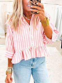 Women's Striped Shirt, Casual Vacation Front Button Loose Blouse, Spring/Summer Pink - 粉色 - 查看 1