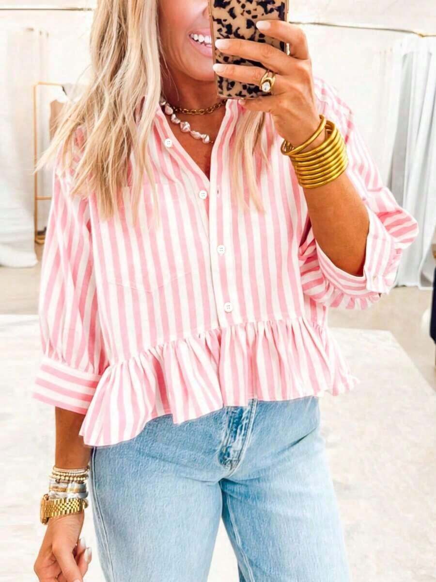 Women's Striped Shirt, Casual Vacation Front Button Loose Blouse, Spring/Summer Pink - 粉色 - 查看 1