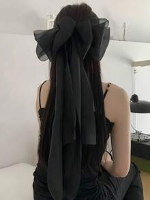 1件優雅長緞帶蝴蝶結髮夾，歐根紗髮飾，適合女性與女孩日常配戴、節日、聚會、派對、穿搭搭配、拍照、夏季、假期、旅行，頭部飾品，抓夾，派對，生日 - 黑色 - 查看 5