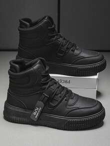 高帮男女休闲运动鞋 - 厚底,圆头,皮革鞋面,适合滑板、户外、街舞、街头服饰,白色 - 黑色 - 查看 18