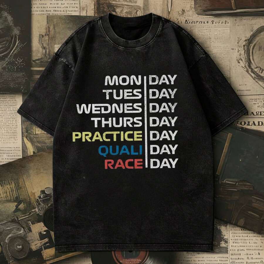 Vintage Washed F1 Race Week Graphic T-Shirt, Oversized Retro Formula1 Practice Quali Race Day Tee,Streetwear Casual Cotton Top. - 黑色 - 查看 1