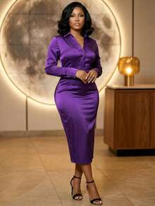 女士中长连衣裙，翻领，收腰设计，长袖，缎面面料，优雅大方，适合职场、日常穿着、正式场合、婚礼、派对等各种场合。版型修身，穿着舒适便捷。纯色设计，优雅百褶面料，中长款连衣裙，适合春季、秋季、办公、休闲穿着。 - 紫色 - 查看 2