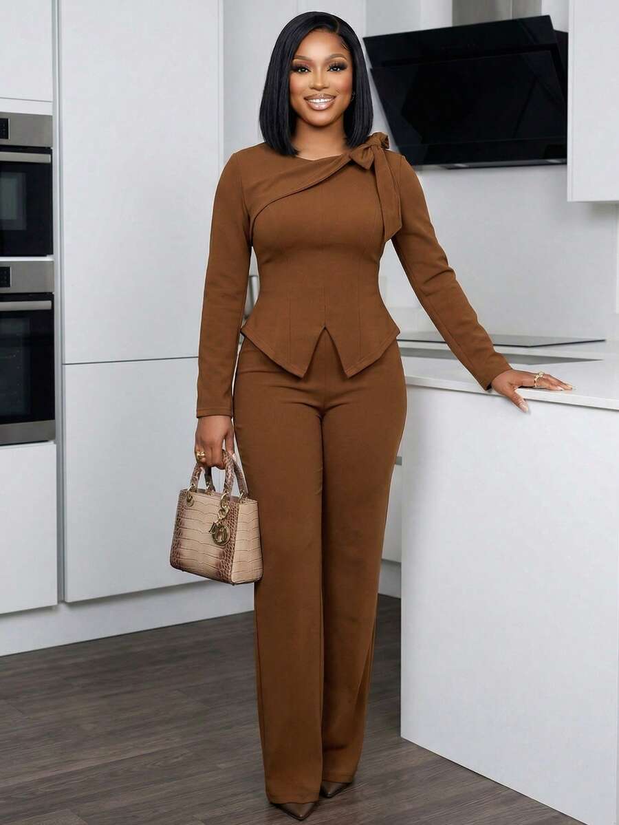 Women's Elegant Casual Outfit, Long Sleeve Top With Round Neck, Waist Cinched Design To Flatter Figure, Simple & Practical For Commute, Office, Home, Autumn/Winter - Coffee Brown - View 1