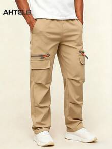 AHTELB Men's Solid Color Casual Cargo Pants, Breathable Comfortable Fashion Suitable For Outdoor Sports, Multi-Pocket Loose Straight Leg Trousers, Spring/Summer/Autumn - Khaki - View 1