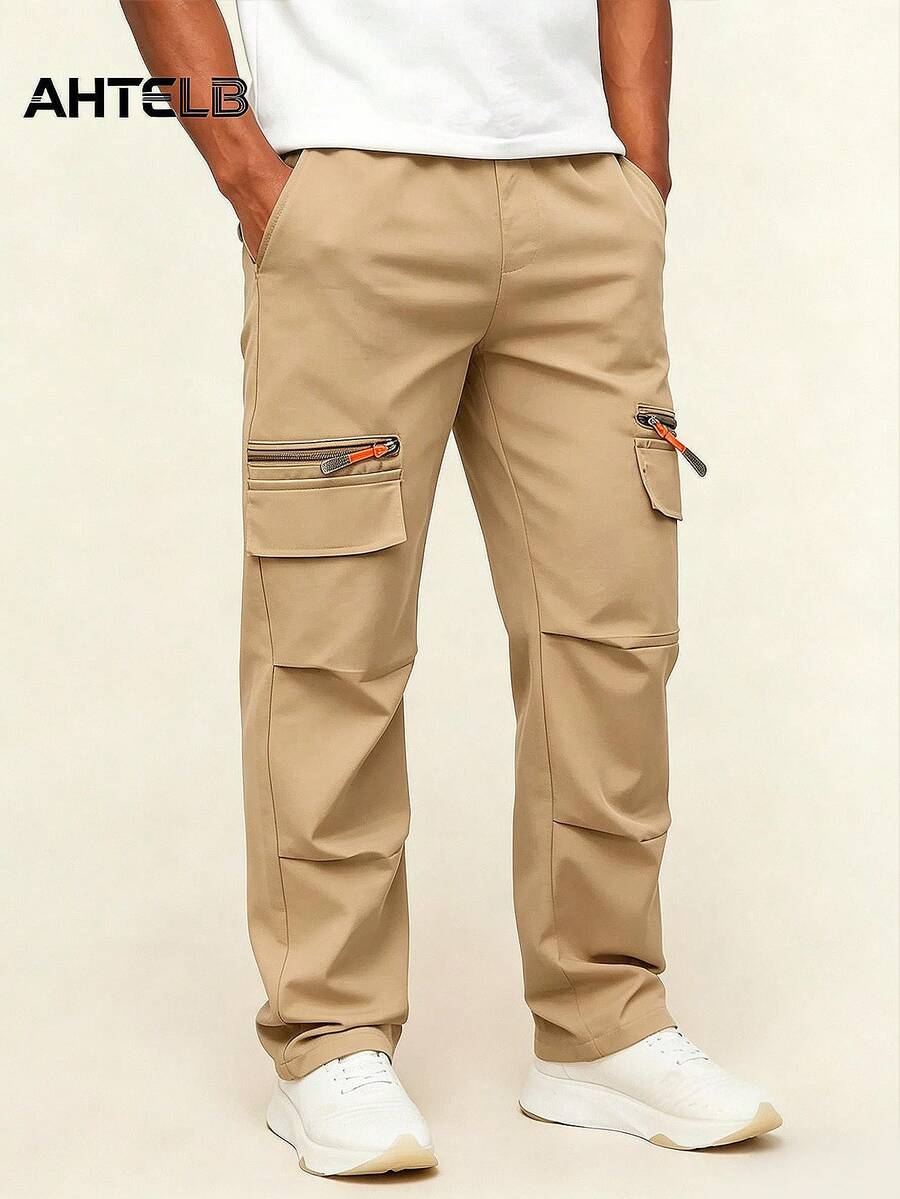 AHTELB Men's Solid Color Casual Cargo Pants, Breathable Comfortable Fashion Suitable For Outdoor Sports, Multi-Pocket Loose Straight Leg Trousers, Spring/Summer/Autumn - Khaki - View 1