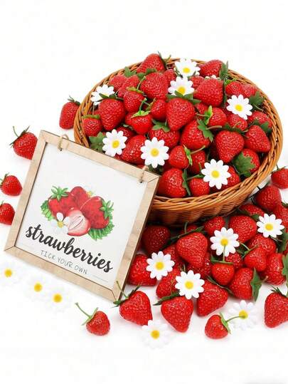 50pcs Artificial Strawberry Daisy Set, Plastic Strawberry Decor, Red Strawberry Decorations, Centerpiece For Dining Table, Suitable For Home Decor, Room Decor, Party Decor And Photography Props, Spring Decor, Valentine's Day, Mother's Day, Artificial Plants, Living Room Floral Arrangement, Dining Table Centerpiece, Spring Photography Props
