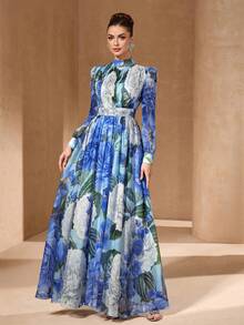 Elegantes Blumenprint Kleid mit hohem Kragen, Chiffon Puffärmel, geraffter Taillenentwurf, retro romantisches Blumen A-Linien Maxikleid, geeignet für den Urlaub - Verschiedenfarbig - Übersicht 2