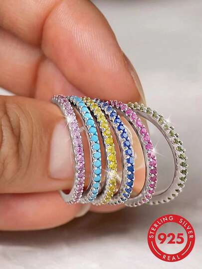 1 Stück 925 Sterling Silber minimalistischer, eleganter, legerer stapelbarer Kubikzirkonia-Ring, Schmuckgeschenk für Frauen, Geburtstagsgeschenk, Partygeschenk, Urlaubsgeschenk, Alltagsschmuck