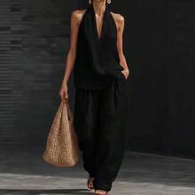 Boho Linen Two Piece Set - Perfect For Beach, Vacation & Brunch! Halter Neck Sleeveless Top Wide Leg Pants Set # TwoPieceSet # LinenSet # WideLegPants # HalterNeck # SummerOutfit # BohoFashion # CasualWear # Outfit Of The Day # WomensFashion - 藍色 - 查看 5