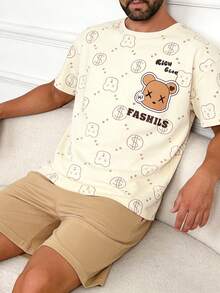 Summer Sleepwear For Men, Thin Round Neck Solid Color All-Over Bear Print Short Sleeve Shorts 2 Pieces Set, Comfortable Casual Cute Pajamas - Multicolor - View 5