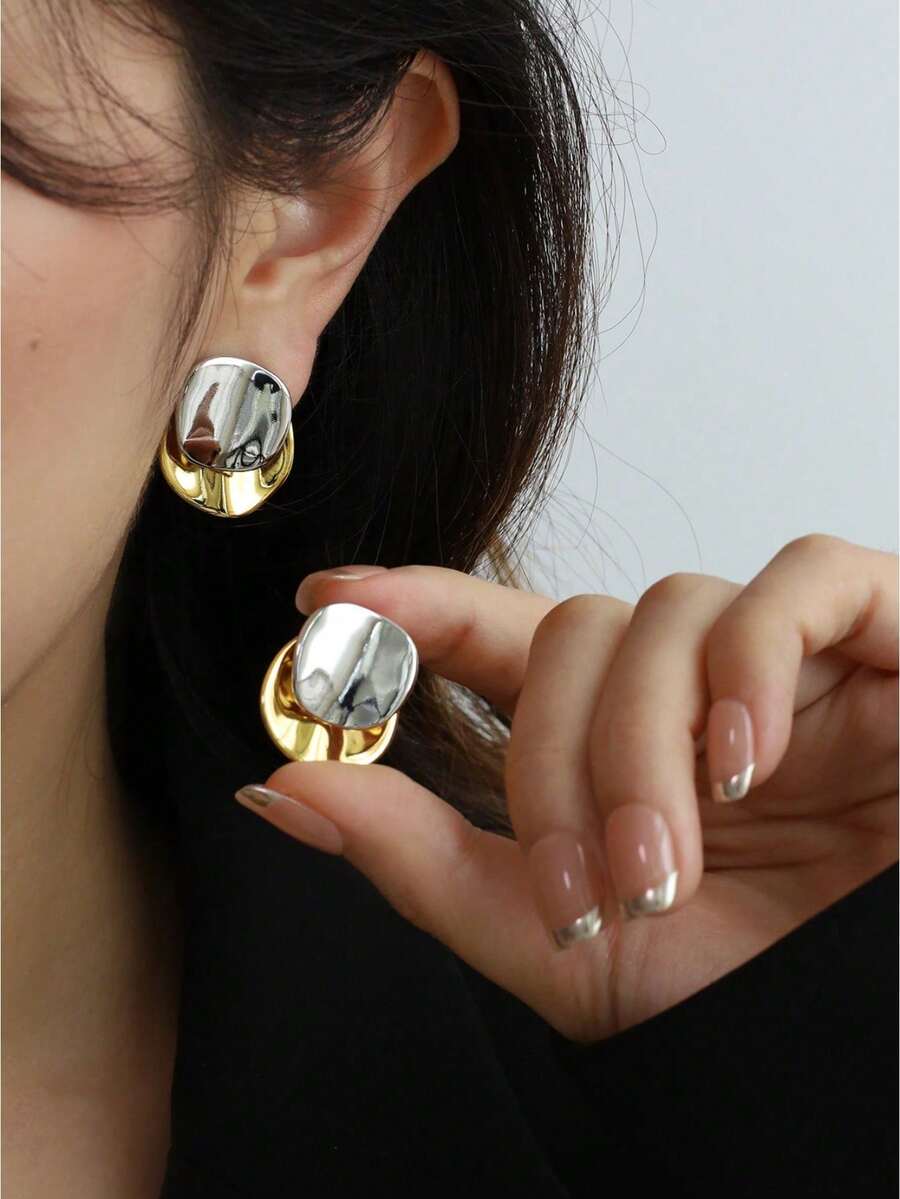 Asymmetrical Minimalist Round Disc Earrings, Unique Elegant Earrings That Can Be Worn In Two Ways, Bicolor Metal Earrings Jewelry, Suitable For Women's Daily, Party, Gifts For Mother's Day, Christmas, New Year