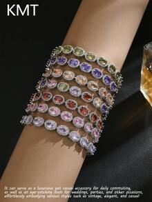 KMT 1 pièce Bracelet ovale incrusté de cubic zirconia cubique en cuivre, design luxueux et raffiné, convient pour le port lors de banquets, de fêtes et d'autres occasions nécessitant des points forts - Style ovale - Voir 2