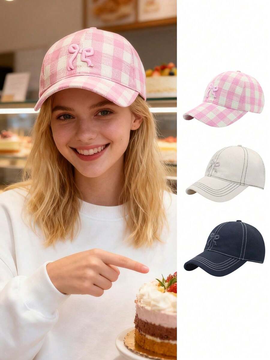 Gorra de béisbol a cuadros para mujer con bordado de lazo lindo, gorra de papá ajustable, sombrero casual transpirable de protección solar para exteriores, viajes y uso diario, playa, festival - A - Ver 1