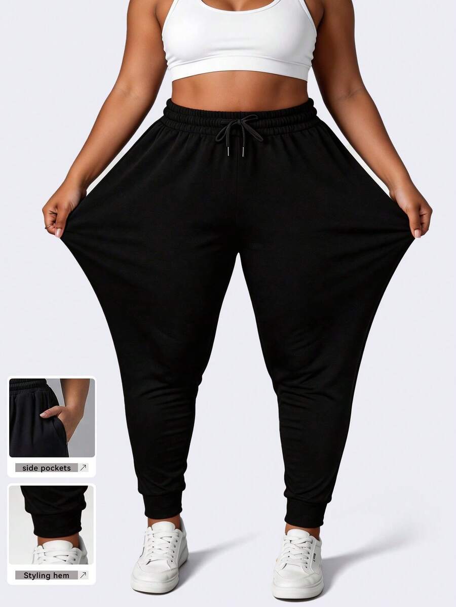 大码女式宽松抽绳腰带口袋运动裤，纯黑色，休闲运动风（2025秋冬瑜伽健身紧身裤）春季