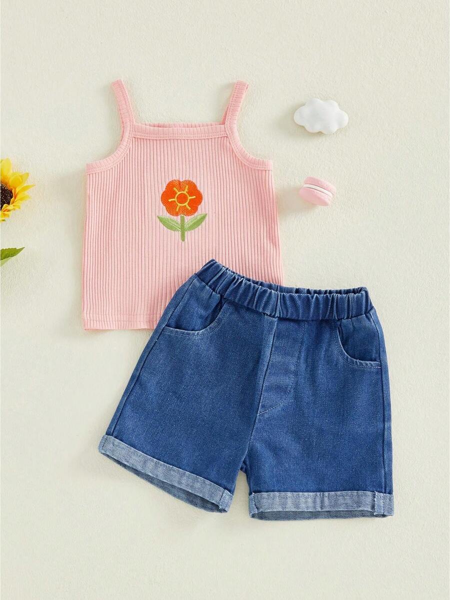 Conjuntos de 2 Piezas para Niñas Pequeñas Top Cami Sin Mangas con Cuello Cuadrado y Bordado de Flores y Pantalones Cortos de Mezclilla - Rosa - Ver 1