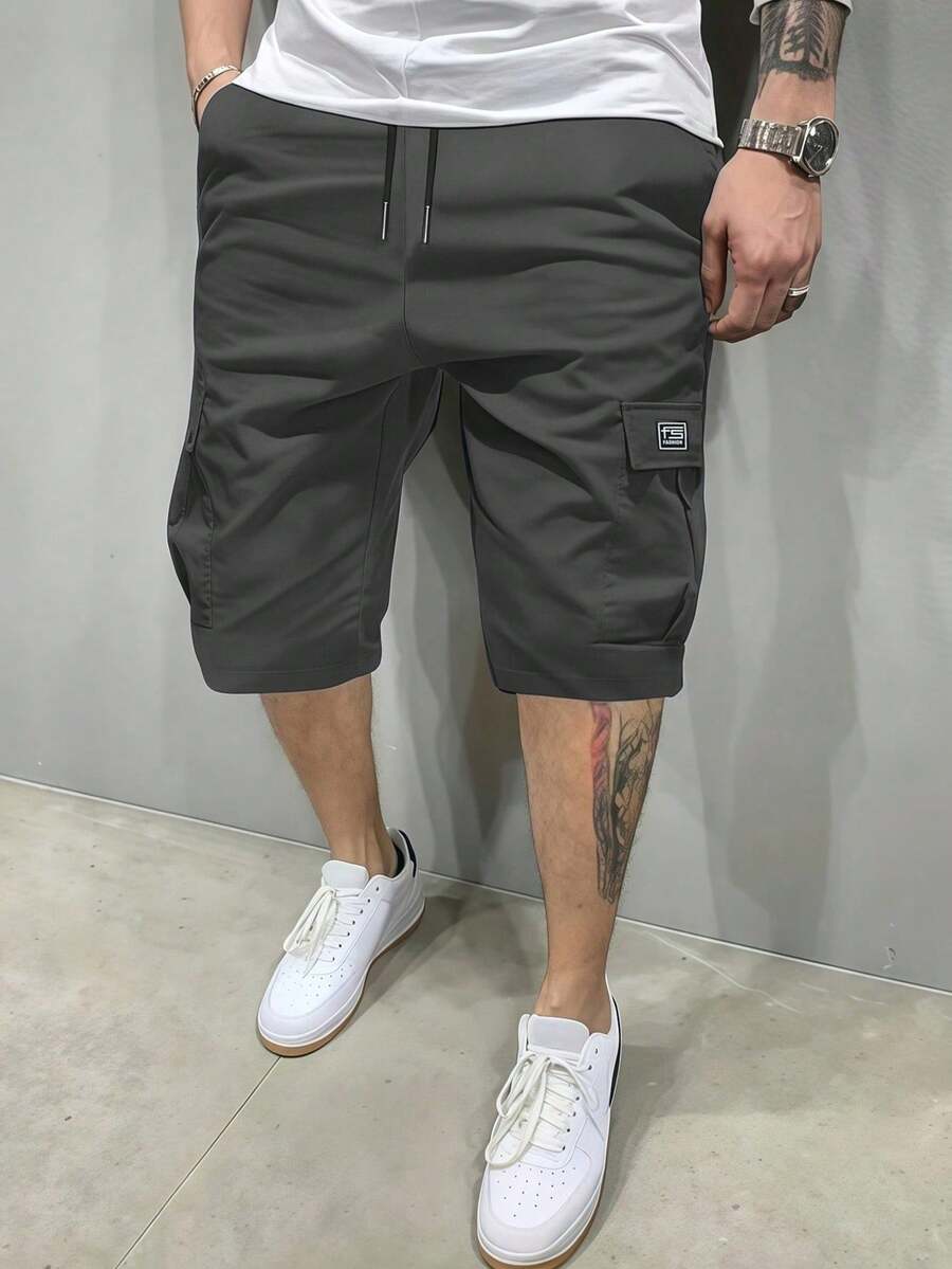 Pantalones cortos cargo de estilo callejero ligeros para hombres - Pantalones cortos casuales de unicolor con cordón y cintura elástica, deportes de verano - Gris Oscuro - Ver 1