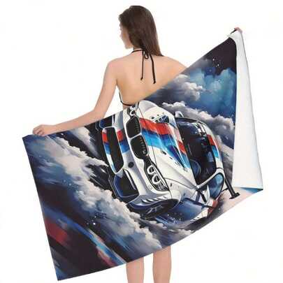 蓝白跑车图案（纤维沙滩巾 - 易于清洁，不粘沙，速干，适用于游泳池、瑜伽、健身房、旅行和度假等场合）