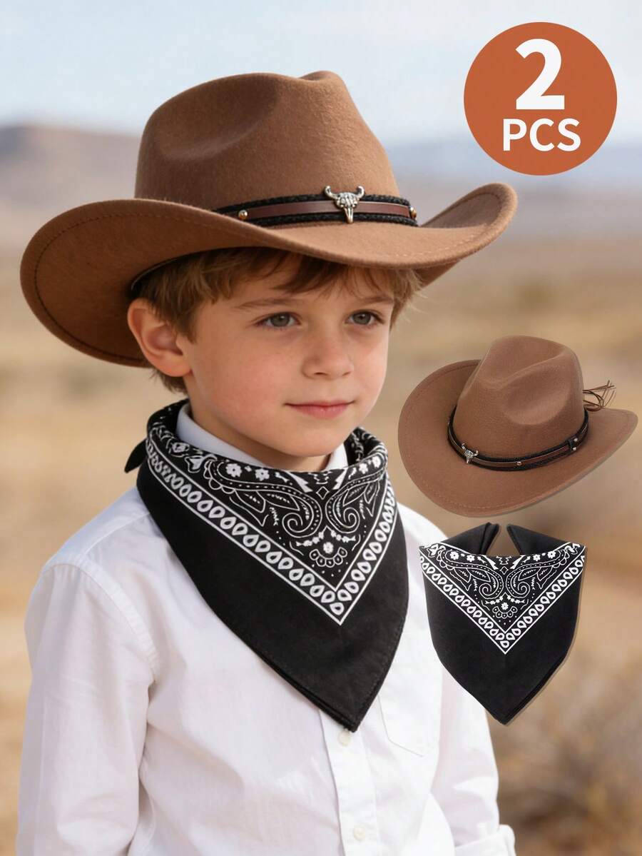 2pcs Western Cowboy Costume, Cowboy Hat Cosplay Accessories, Brown Western Cowboy Hat Children's Costume, Fun Halloween Party Role Play, Including 1 Cowboy Hat And 1 Black Bandana - Camel Hat + Black Scarf - View 1