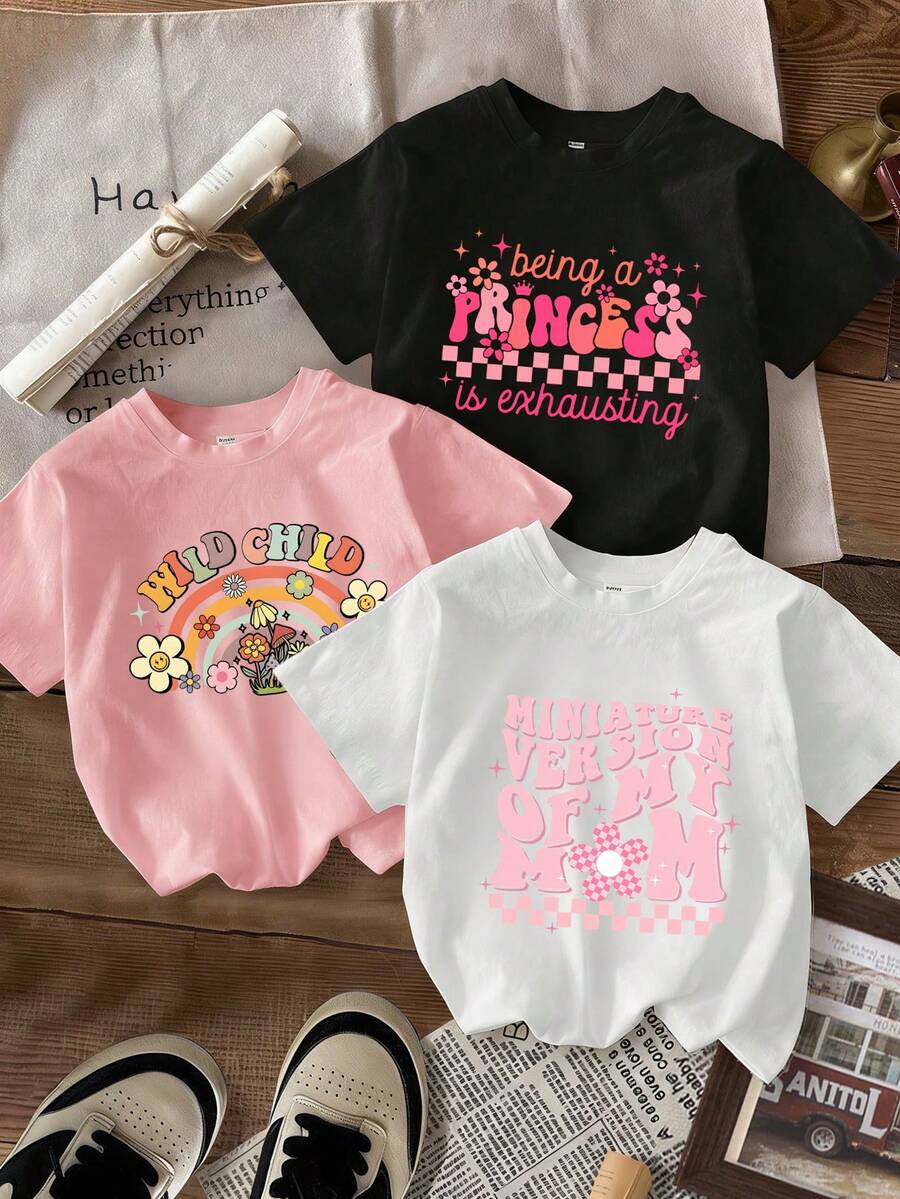3pcs/Set Young Girl Casual Funny Print Round Neck Short Sleeve T-Shirt, Summer Top - Black - View 1