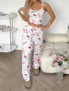 SANRIO Bộ đồ ngủ nữ 2 món in hình Hello Kitty gồm áo hai dây croptop và quần ống đứng cạp chun, kiểu dáng dễ thương. - trắng - Xem 3