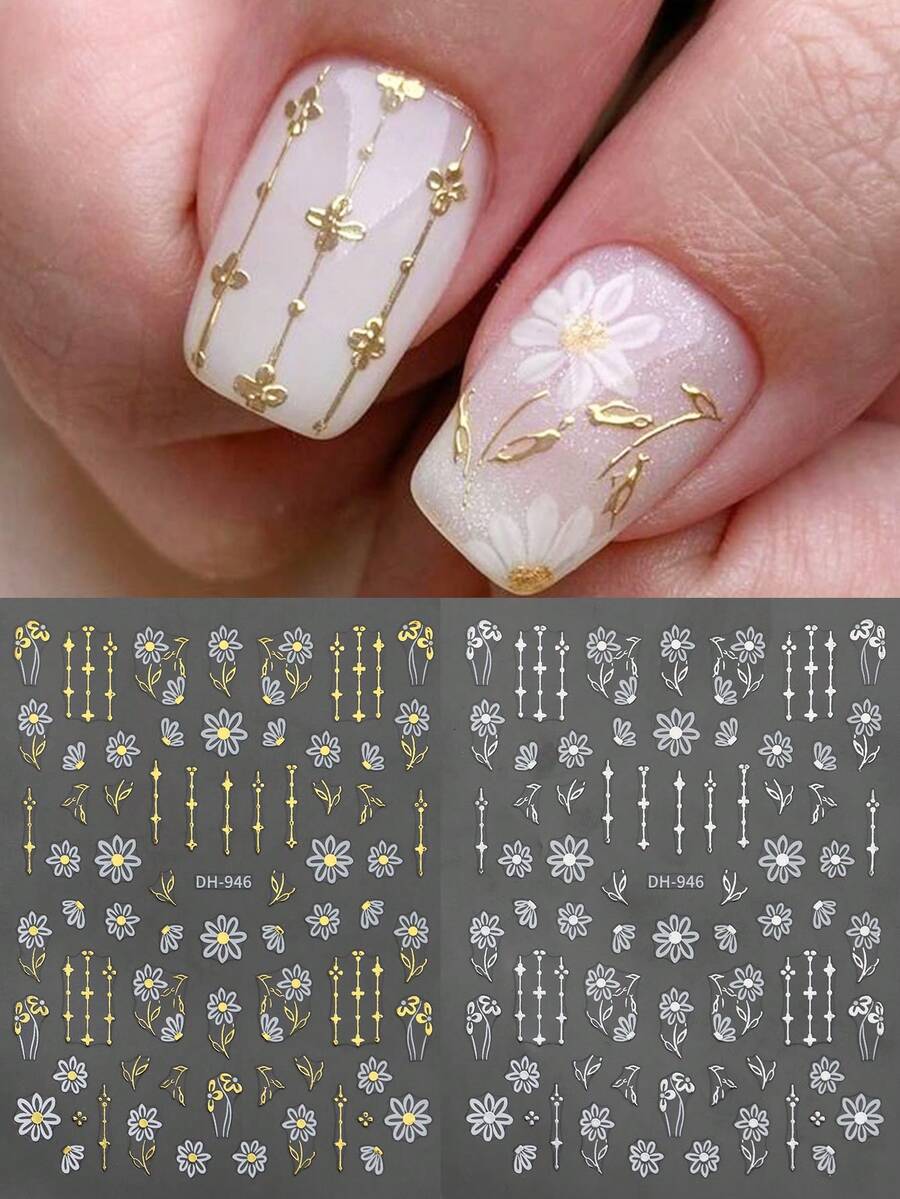 2片装烫金兰花雏菊线条美甲贴纸 小白花镀金戒指山茶花瓣婚礼Y2K美甲饰品贴花 优雅春夏美甲装饰 - 彩色 - 查看 1