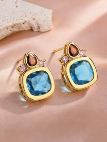 2pcs Vintage Palace Style Square Zirconia Water Drop Crown Stud Earrings, Gold & Silver Color Options, Copper Material Inlaid With White & Blue Zirconia, Suitable For Women Wedding, Party, Birthday, Gift - Earrings - View 1