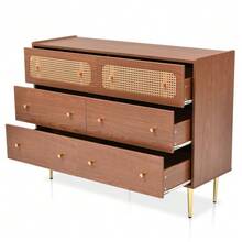 Chest Of Drawers With 6 Drawers, Rattan Sideboard/Display Cabinet For Bedrooms And All Living Areas, Walnut - 90cm High X 120cm Wide X 40cm Deep. - Redwood - View 7