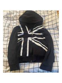Y2k Long-Sleeved Pullover Zipper Printed Patch Sweatshirt Hoodie Punk Dark Street Wear Hip-Hop - 黑色 - 查看 4