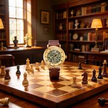 1pc Men's Automatic Mechanical Watch, Chessboard Pattern International Chess Mechanical Wristwatch, Retro Roman Numeral Business Style Leather Strap Watch, Suitable For Daily Wear - Brown - View 3