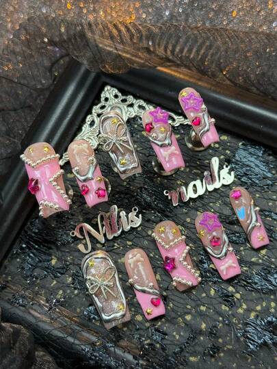 10pcs Acrylic Nail Stickers, Rectangular, Pink Tie-Dye, Pink French, 3D Stereo Stars, Hearts, Chain Beads And Bowknot Nail Art Decorations, Hand-Painted Powder Geometric Patterns And Stars, Y2K Style Wearable Nail Art Set, Acrylic Nail Supplies Suitable For Women And Girls, Suitable For Festivals, Daily, Work, Parties, Etc., Comes With 1 Mini Nail File And 1 Double-Sided Adhesive Label, Also A Great Gift For Girls.