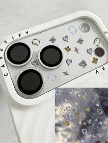 1 片甜美酷炫的 Y2K 风格金/银色激光蚀刻蝴蝶爱心月亮蝴蝶结时钟镜头贴纸，融合了星光、花朵和不规则边框元素。这是一款可 DIY 的手机镜头贴膜。 - 彩色 - 查看 2