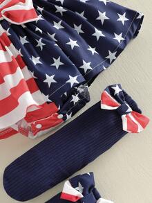 Baby Girls Independence Day Romper Dress Flying Sleeve Star Stripe Print Bodysuit With Socks  Headband - 紅色 - 查看 6