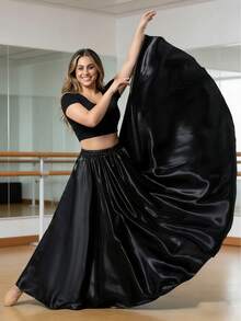 1pc Plus Size Women's 98cm Satin Long Maxi Skirt, Elastic Waist, Versatile For Daily Wear, Belly Dance, Princess Party, Cosplay, Flamenco Dance And More Sports - Black - View 6