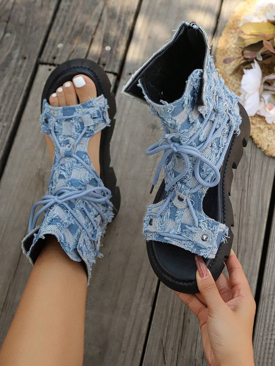Giày sandal đế xuồng hở mũi buộc dây cho nữ, sandal cao cổ đế dày khoét rỗng kiểu La Mã cổ điển, hàng mới về mùa hè 2025, sandal đế xuồng.