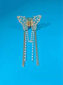 1pc New Butterfly Tassel Hollow Hair Clip, Elegant Butterfly Shaped Design With Rhinestones And Faux Pearl Tassels, Suitable For Ponytail And Updo Hairstyles, Adds A Graceful And Sweet Vibe To The Look Beach Accessories Hair Clips Summer Outfits Claw Clips Beach Hair Claws,Travel,Birthday - Multicolor - View 7