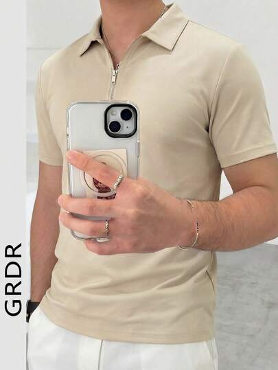 GRDR 1 pieza Top de manga corta con cuello de media cremallera y estampado de la frase "I'm Fine", de tela cómoda, versátil y transpirable