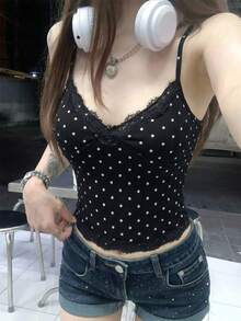 Rikumo 夏季美式复古甜美蕾丝拼接波点印花修身吊带背心，适合街头、约会、度假和外出休闲穿着，黑色 - 查看 2