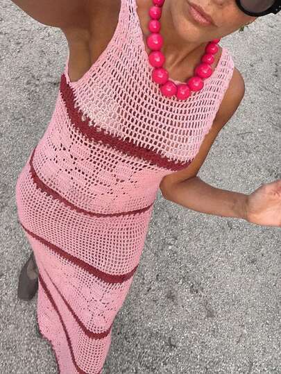 Áo len dài cổ tròn không tay, kiểu dáng thường ngày, hơi xuyên thấu, thích hợp mặc ngoài cho nữ.