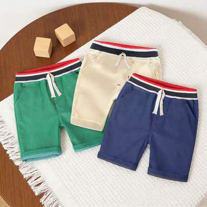 3条装男童纯色运动短裤，儿童夏季休闲居家/旅行百慕大短裤