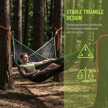 Nueva hamaca triangular, tamaño grande de 280 x 280 cm, capacidad de carga de 200 kg, material de malla de poliéster, fácil instalación, diseño portátil, resistente, espaciosa, apta para uso individual o doble, incluye 3 cuerdas, 3 bolsillos de malla y 1 bolsa de almacenamiento, 3 mosquetones, adecuada para camping, excursionismo, playa, ocio en el jardín y senderismo - A - Ver 13