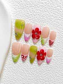 10Pcs Sweet And Lively Style Handmade Nail Art Set,Unghie Press On,Five Petal Flower Nail Art Decorations,Green And Pink Nail Polish,Includes Nail Tools,3 Sizes Available,Almond Nails , Duck Nails,Coffin Nails For Party, Dance, Daily Wear. - 彩色 - 查看 3