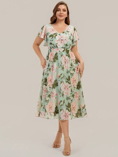 EVERPRETTY Đầm dạ hội nữ cỡ lớn thanh lịch, lãng mạn, cổ chữ V, tay ngắn, tay bồng, chất liệu chiffon, thích hợp cho đám cưới mùa xuân/hè, các dịp trang trọng, tiệc tốt nghiệp, kỳ nghỉ, tiệc sinh nhật.