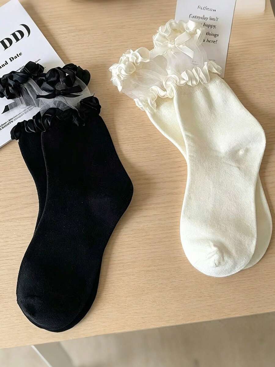 1双蕾丝网眼蝴蝶结洛丽塔风格象牙色中筒袜，透气荷叶边夏季袜 - 彩色 - 查看 1