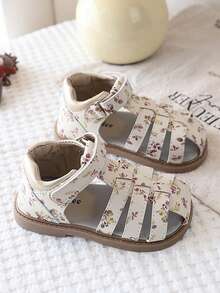 1 Pair Baby Girls' Floral Woven Sandals, Hook And Loop Design, Soft Sole Non-Slip Children Shoes - Beige - View 5