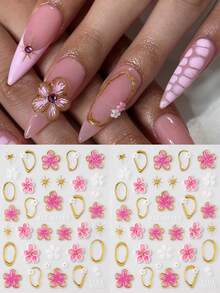 2 pièces Autocollants d'art pour ongles 5D gaufrés et dorés avec motif de fleurs de cerisier de style français. Fleurs tropicales et pétales pour la décoration des ongles et la manucure - Multicolore - Voir 5