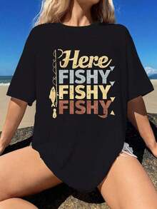 Women's Summer Short Sleeve "Here Fishy Fishy Fishing" Graphic Print T-Shirt, 180g Pure Cotton Oversized Tee, Vintage Retro Style, Fishing Lover Gift, Great For Beach, Back To Sc - 白色 - 查看 6
