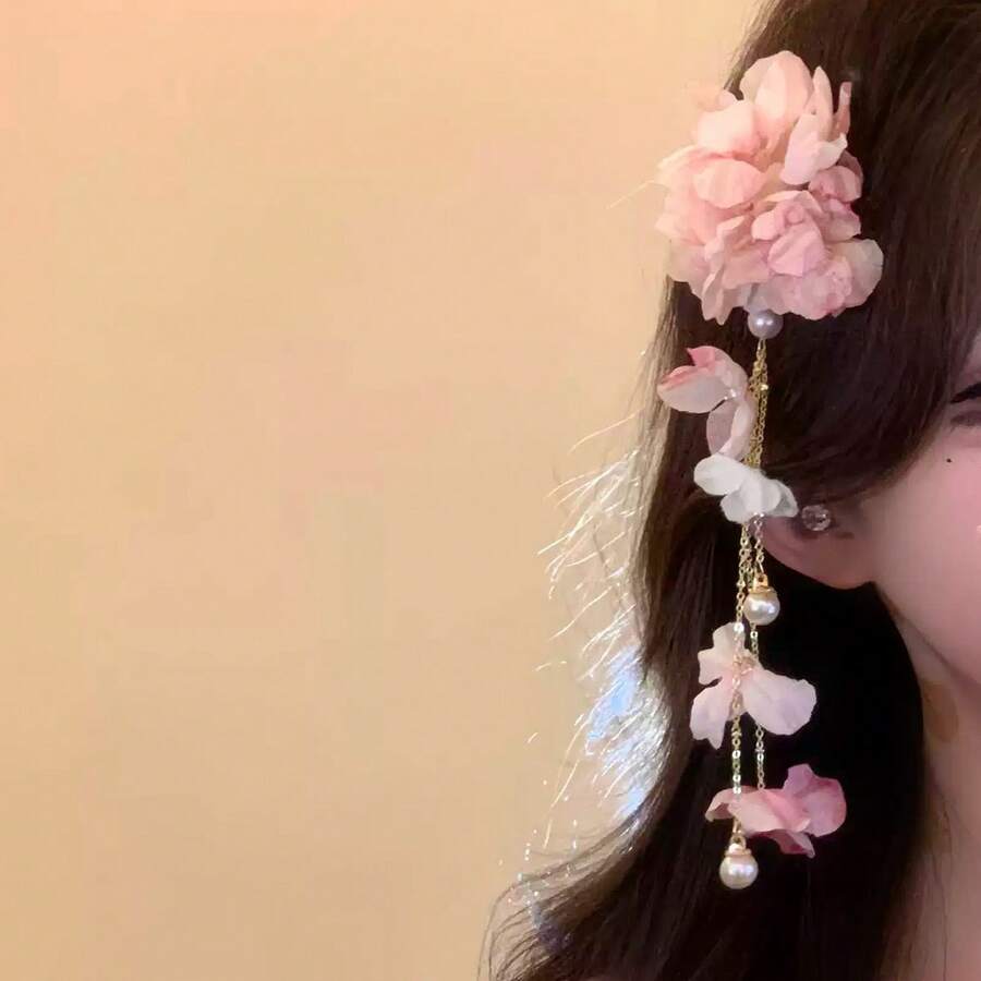 女士甜美仿真花珍珠水钻流苏发夹，适合日常佩戴，居家、学校、海滩、工作、派对、节日、生日、返校、新年、情人节、母亲节、圣诞节、婚礼、音乐节、毕业典礼、春夏等场合，爪夹式发夹 - 粉色 - 查看 1