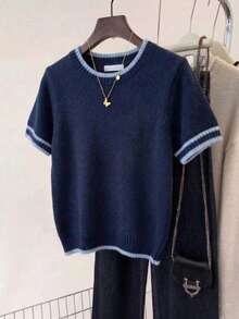 时尚圆领纯色短袖针织上衣 - 藏蓝色 - 查看 5