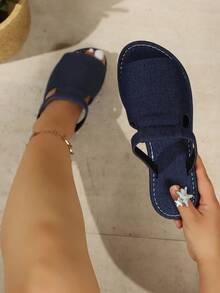 Women's Solid Color Sandals, Casual Open Toe Flat Summer Shoes, Lightweight Slip-On Sandals - Blue - View 3