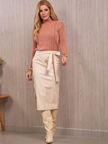 Women's Knitted Sweater With Braided Detail, High Neck, Long Sleeves, For Winter. Women's Winter Sweaters, Casual Everyday Wear, Elegant Women's Sweaters. - Khỏa thân - Xem 3